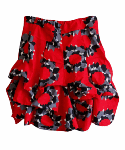 Short ruffled African wax skirt in red, black and grey floral circular print, handcrafted – product photo on white background.