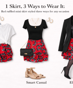 Red ruffled skirt styled three ways: casual, smart casual, and elevated with blazer and heels.