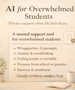 AI for Overwhelmed Students – digital mental health guide with AI prompts to reduce anxiety, overthinking, and burnout