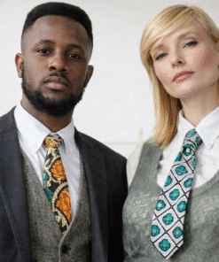 African wax print tie worn by a man and a woman with white shirt and blazer, modern elegant styling