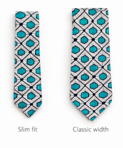 Slim fit versus classic width African wax print ties shown side by side for size comparison