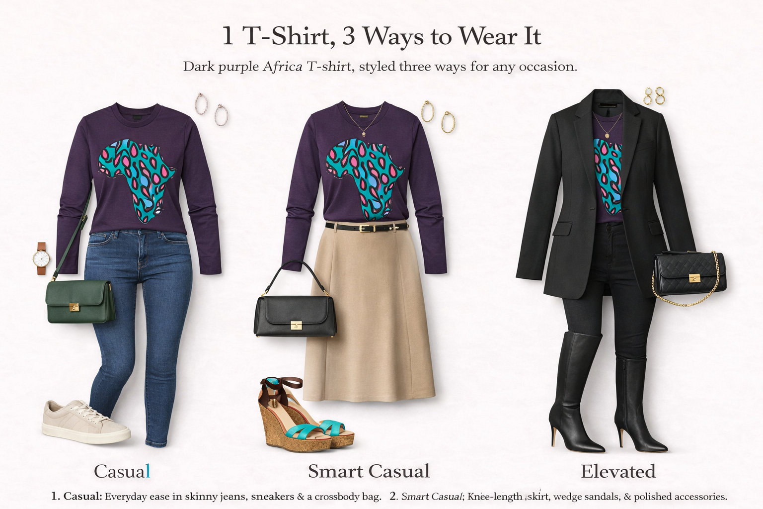 Dark purple Africa graphic T-shirt styled three ways for women: casual look with skinny jeans and sneakers, smart casual look with knee-length skirt and wedge sandals, and elevated look with blazer, fitted pants, and high-heel boots.