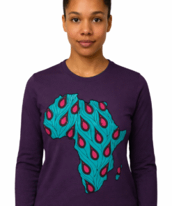 Dark purple long-sleeve T-shirt featuring a stylized African continent print, worn by a woman on a white background.