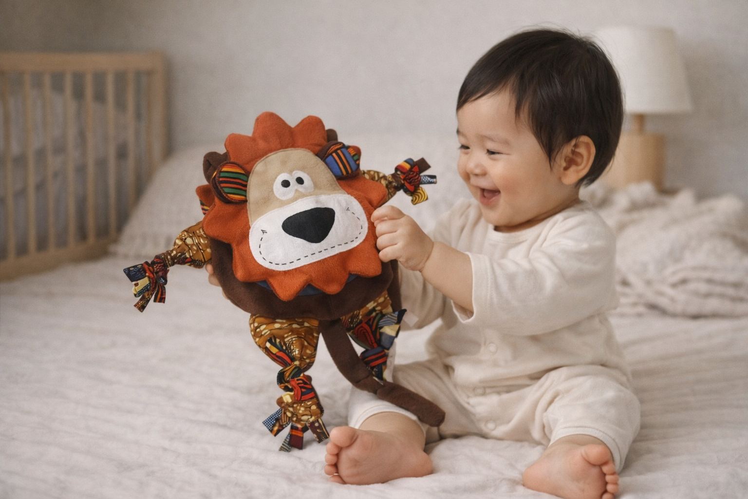 Asian baby playing with AfriBloom handmade lion plush toy made with African wax fabric