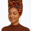 African print headwrap worn by model, colorful wax fabric turban head wrap