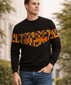 Men wearing Afro Triangle African print sweatshirt in outdoor lifestyle setting