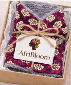 Gift-ready African print baby scarf with fleece lining in AfriBloom packaging box