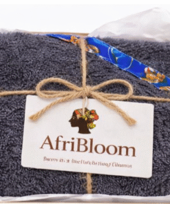 AfriBloom baby hooded towel gift-ready packaging with African print trim and branded card