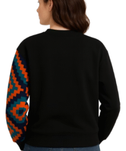 Back view of women’s black sweatshirt with diagonal African kente inspired sleeve detail