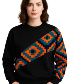 Women’s black sweatshirt with diagonal African kente-inspired panel and matching sleeve detail