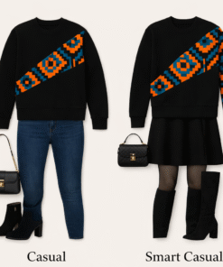 Women’s African print diagonal sweatshirt styled with skinny jeans for casual look and mini skirt with boots for smart casual outfit