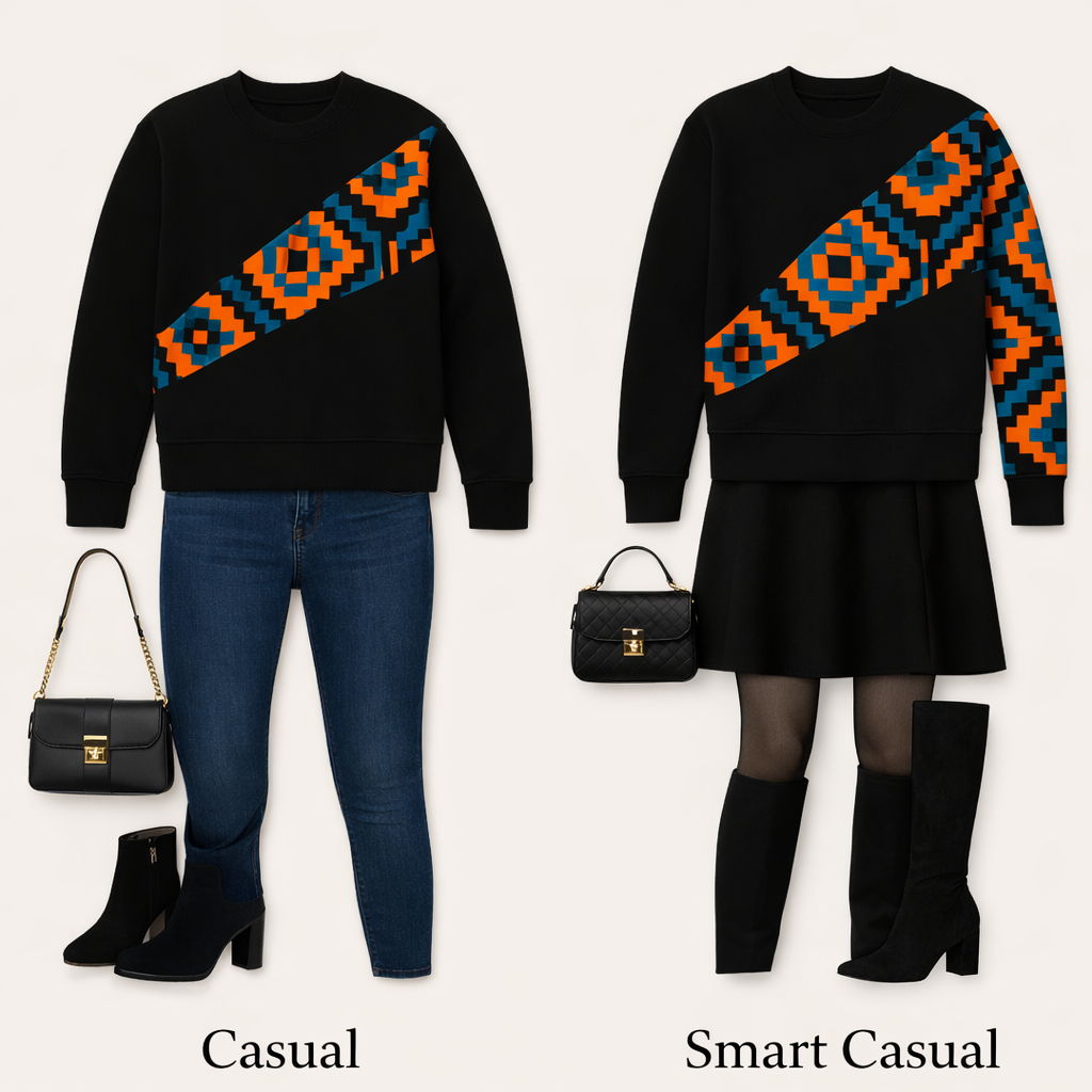 Women’s African print diagonal sweatshirt styled with skinny jeans for casual look and mini skirt with boots for smart casual outfit