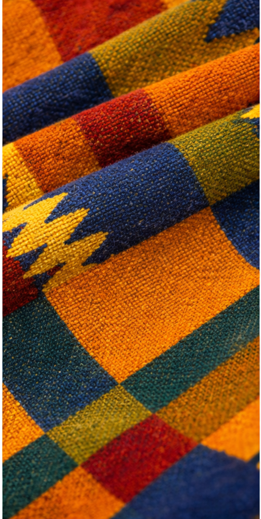 Handwoven authentic Kente fabric close-up used on Afro Triangle men’s sweatshirt – vibrant kente-inspired pattern