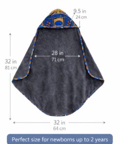 Soft hooded baby towel with African print trim showing size and measurements for newborns and toddlers