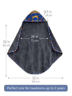 Soft hooded baby towel with African print trim showing size and measurements for newborns and toddlers