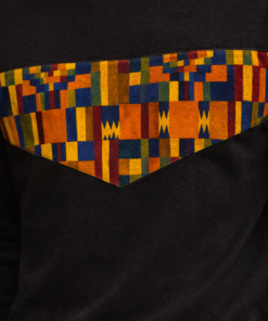 Close-up of African print triangle panel on black men’s Afro Triangle sweatshirt