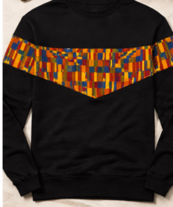 Flat lay of Afro Triangle men’s sweatshirt with African wax print pattern – premium handmade streetwear