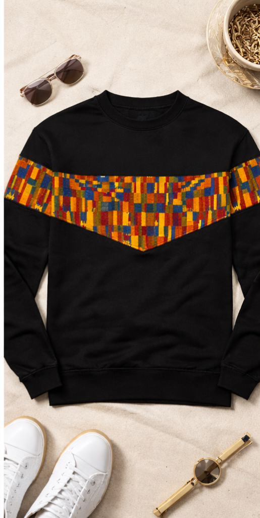 Flat lay of Afro Triangle men’s sweatshirt with African wax print pattern – premium handmade streetwear