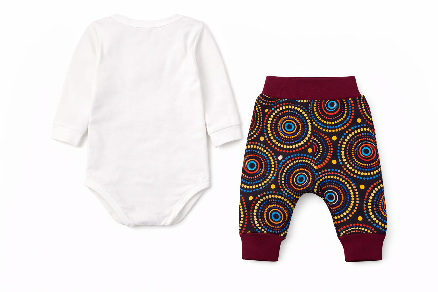 Back view of AfriBloom baby outfit set with white cotton onesie and African print pants for newborns
