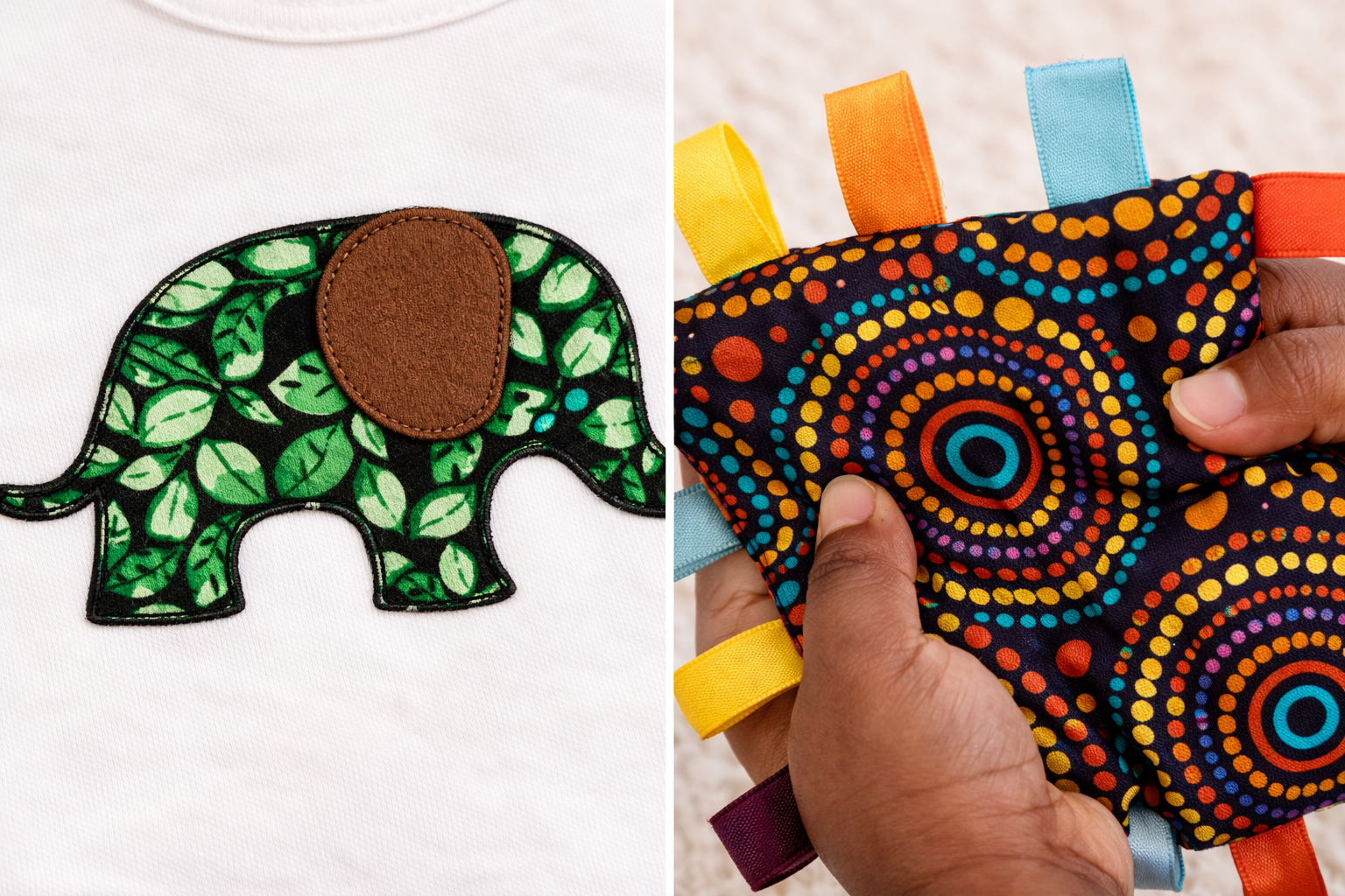 Close-up of AfriBloom baby outfit elephant appliqué and African print crinkle sensory toy with colorful tags