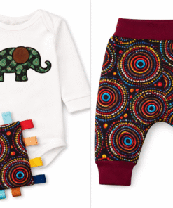 AfriBloom baby outfit set with elephant appliqué onesie, African print pants and crinkle sensory toy for newborns