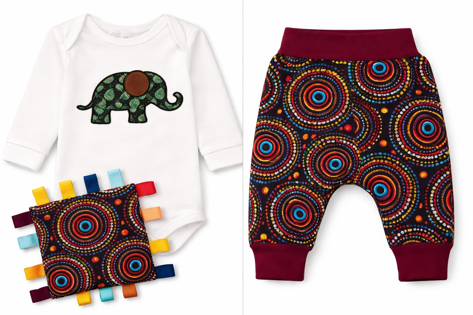 AfriBloom baby outfit set with elephant appliqué onesie, African print pants and crinkle sensory toy for newborns