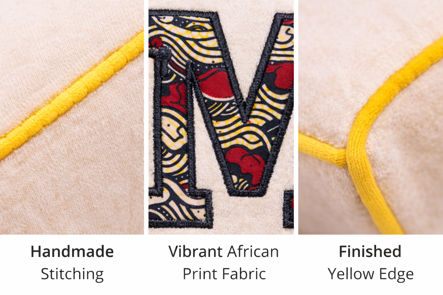 Handmade personalized baby cushion with African print appliqué initial, detailed stitching and yellow edge finishing