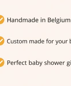 Handmade personalized baby cushion with African print appliqué, custom made in Belgium, perfect baby shower gift