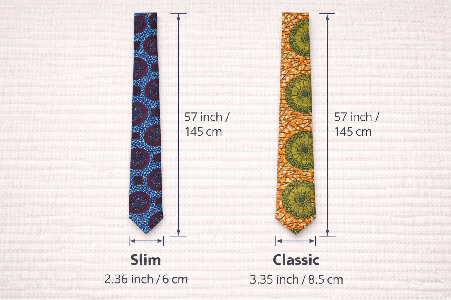 African wax print necktie size guide – slim and classic width handmade tie dimensions