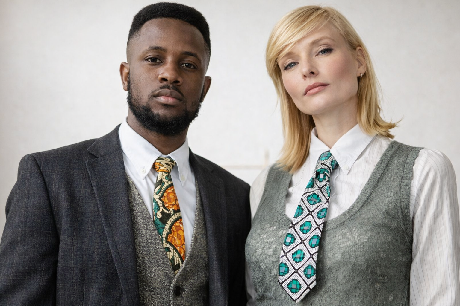 African wax print neckties by AfriBloom worn by a man and a woman with white shirts and blazers, modern unisex style, handmade in Belgium