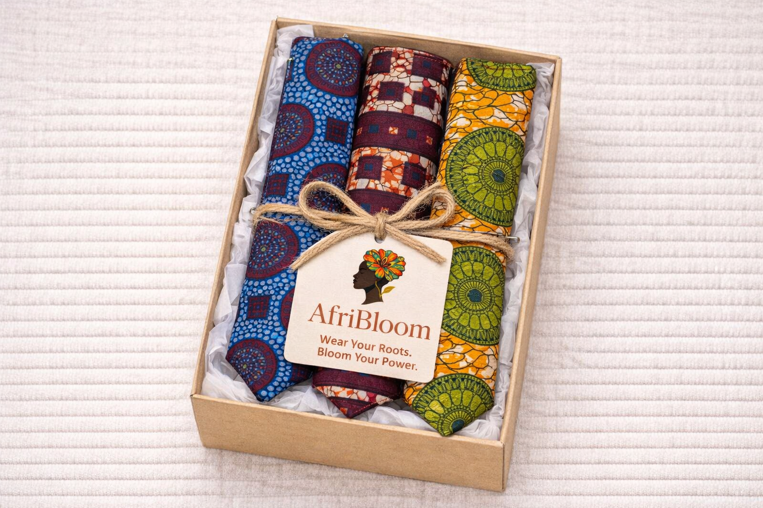 African wax print necktie gift set – handmade AfriBloom ties in premium gift box
