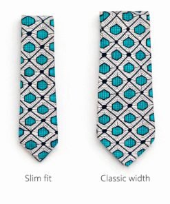 Slim fit versus classic width African wax print neckties by AfriBloom shown side by side for size comparison, handmade in Belgium