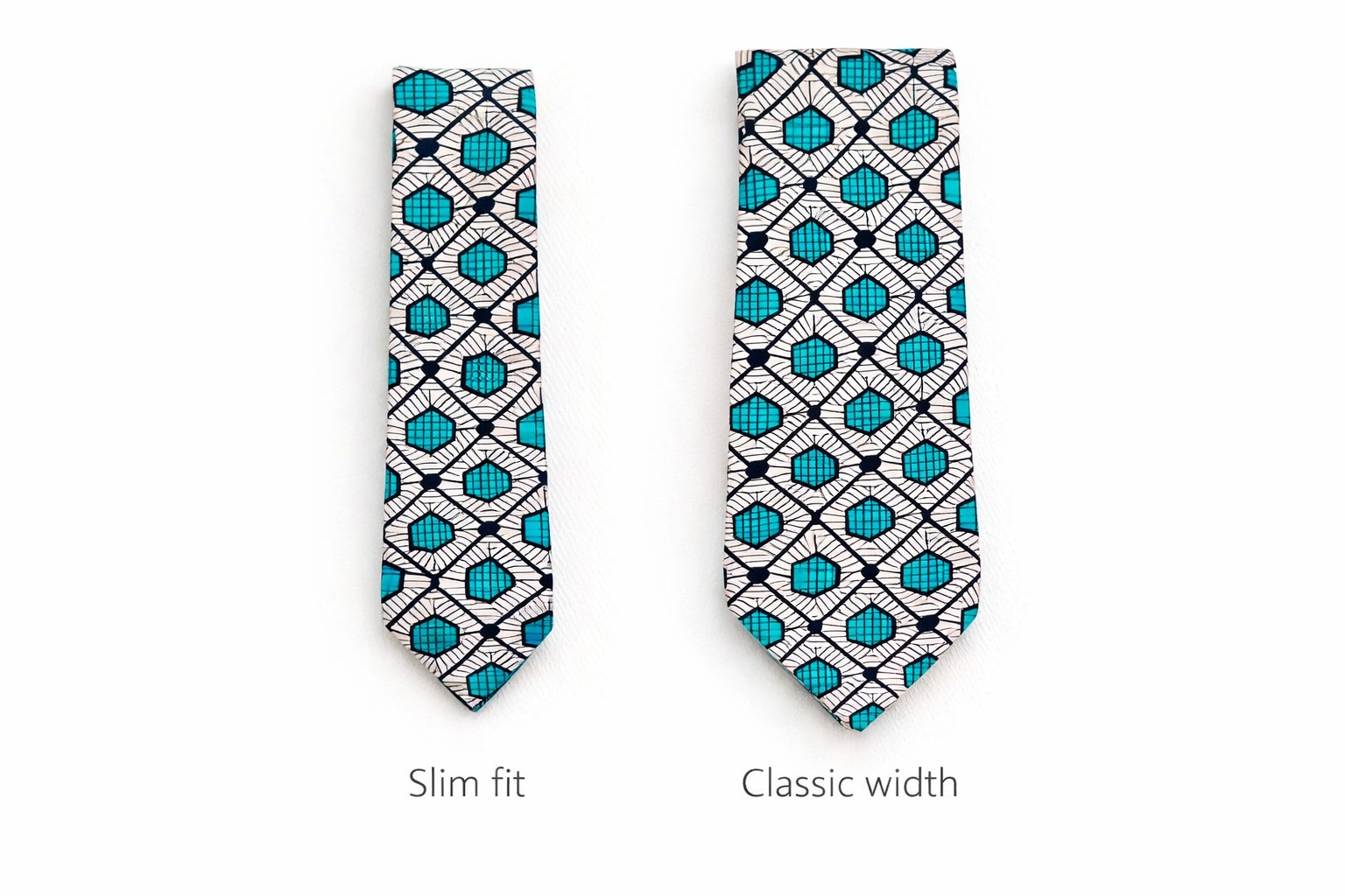 Slim fit versus classic width African wax print neckties by AfriBloom shown side by side for size comparison, handmade in Belgium
