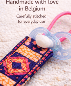 Handmade African print pacifier holder loop, carefully stitched in Belgium for durable everyday baby use