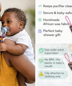 African print baby pacifier holder clips – handmade wax fabric baby accessory set for newborns and infants