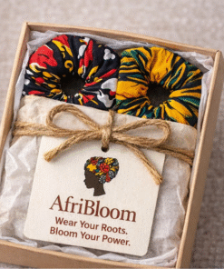 AfriBloom wax scrunchies gift box set of 3 with African print scrunchies and premium handmade packaging