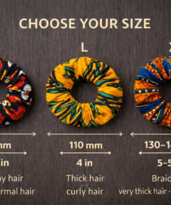 African wax scrunchies size guide showing M L and XL scrunchie sizes for different hair types