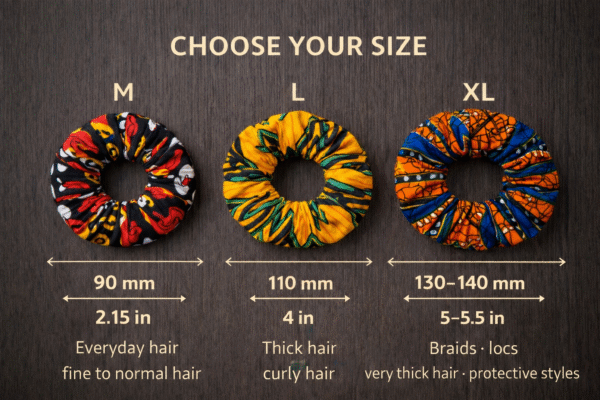 African wax scrunchies size guide showing M L and XL scrunchie sizes for different hair types