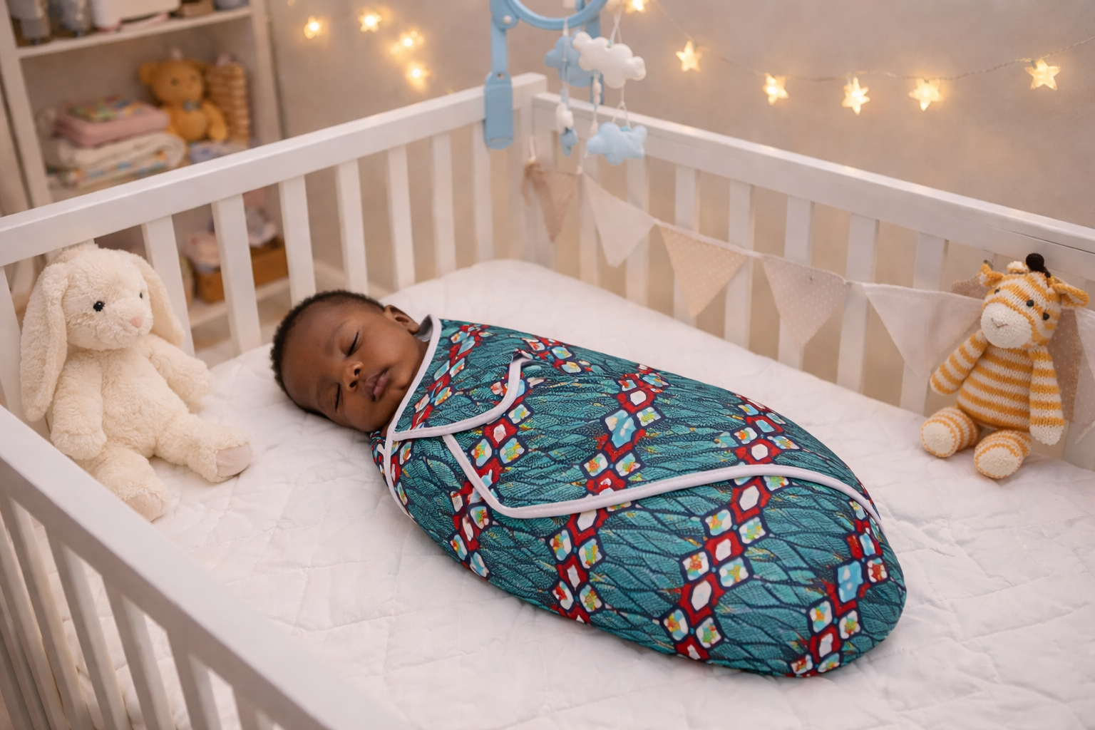 African print baby swaddle with sleeping newborn in crib, handmade breathable cotton wrap for infants