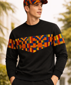Man wearing Triangle Unity African print sweatshirt and matching cap outdoor lifestyle