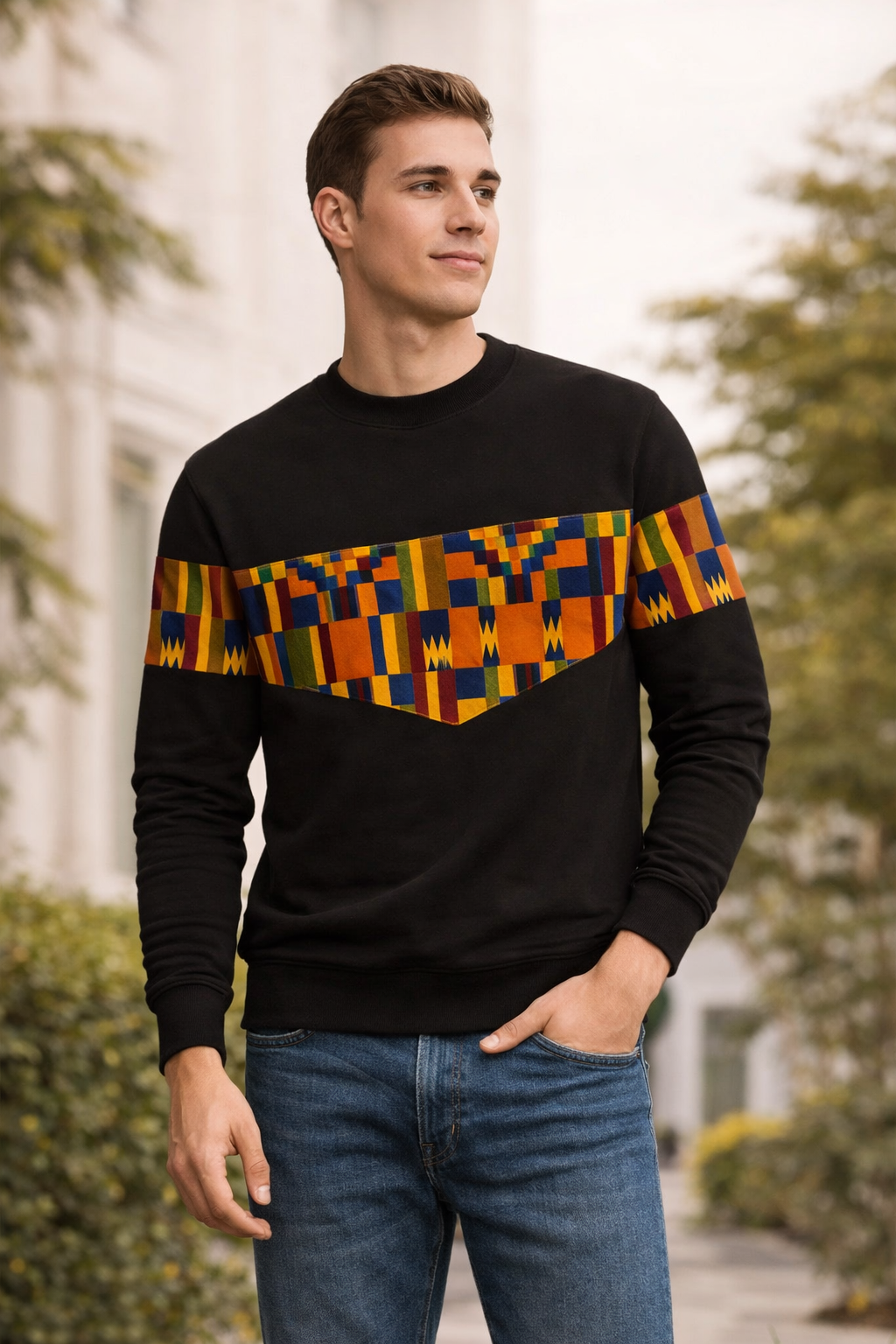 Men wearing Afro Triangle African print sweatshirt in outdoor lifestyle setting