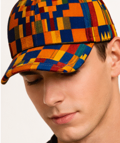 African print cap close-up, matching Triangle Unity sweatshirt by AfriBloom